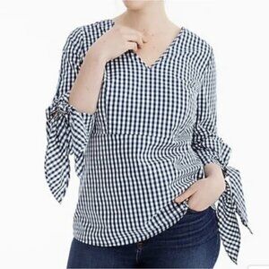 Jones New York Poplin Tie Sleeve Gingham Top